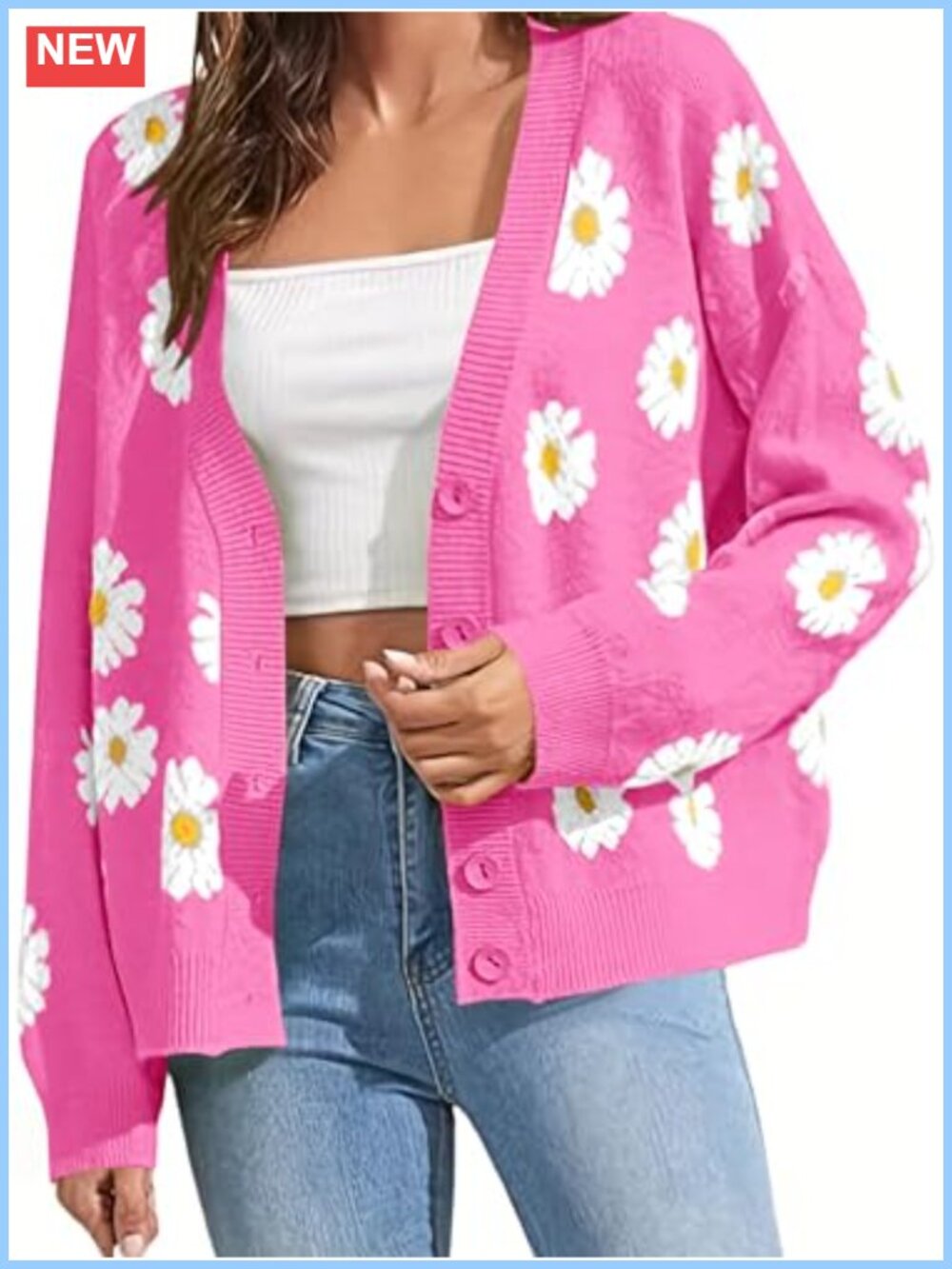 Floral Print Open Front Cardigan Long Sleeve Button Down V Neck Knit Sweater